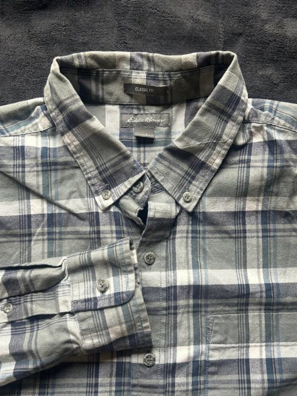 Eddie Bauer Classic Fit Flannel Shirt L Gray Blue White Plaid